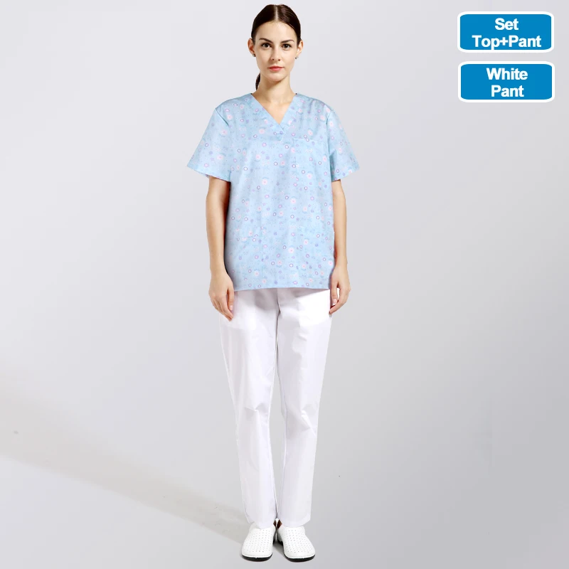 DieLianHua-Set-White ANNO хлопковая медицинская одежда Топ Брюки хирургические ткани медицинские скрабы Стоматологическая униформа для кормления хирургические рубашки для женщин и мужчин - Цвет: DieLianHua-Set-White
