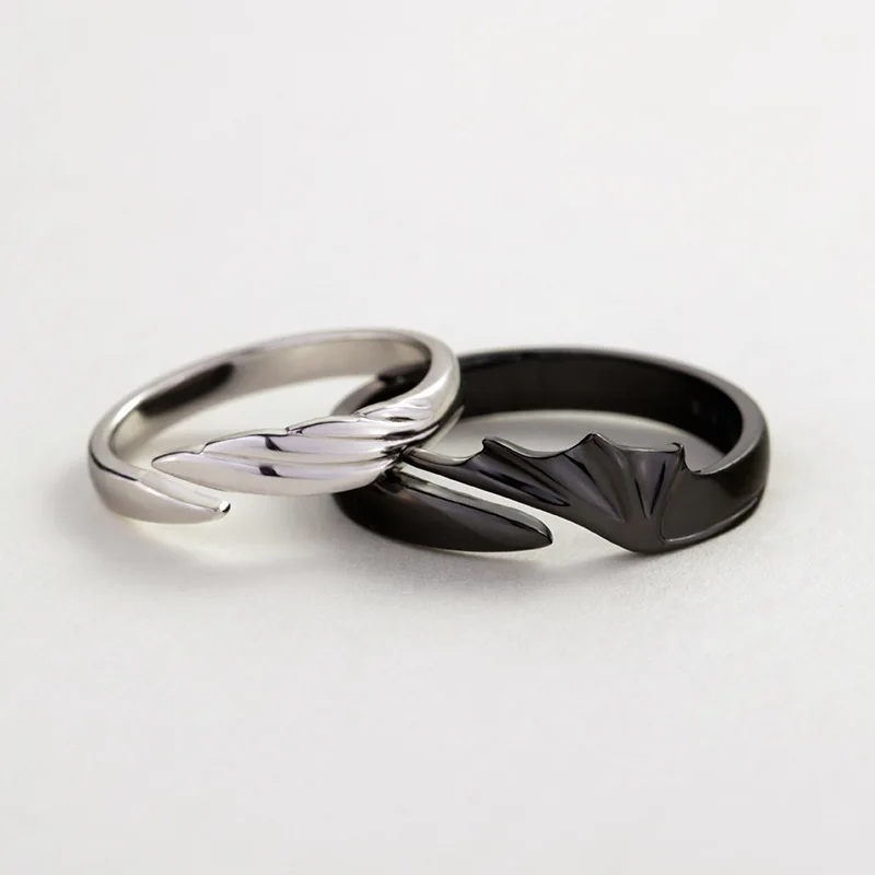 

925 Sterling Silver Angel And Devil Couple Rings Wing Feather Opening Rings for Women Men Lovers Party Jewelry