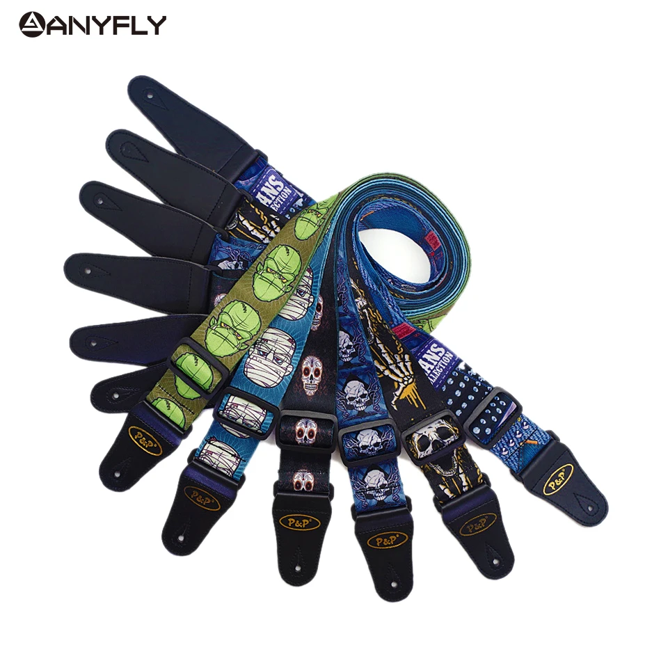 einstellbare leder ende senior terylene polyester gedruckt kühlen schädel design elektrische gitarre bass akustische gitarre gurt gürte