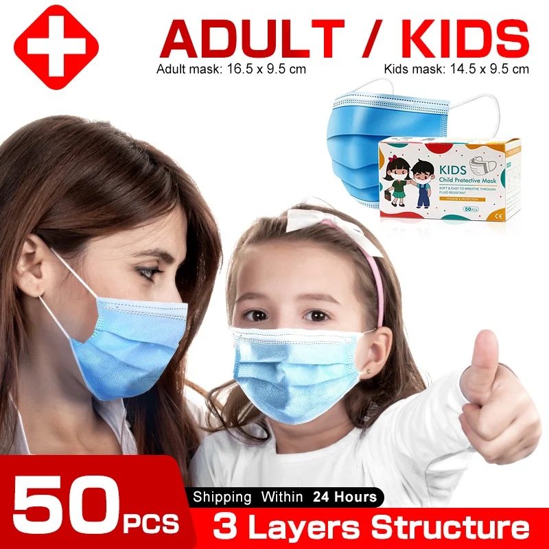 

50Pcs kids adult mask Anti-Pollution Filter Safety Dust Mask Disposable Protect 3-Ply Earloop Non Woven Mouth Protective Masks