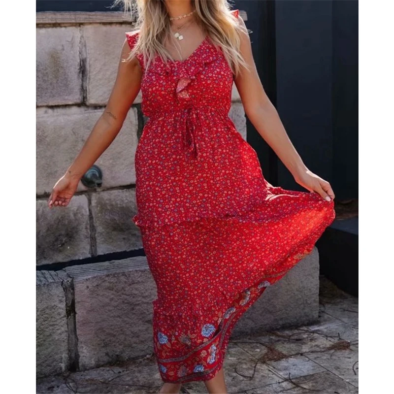 

Bohemian Women Ruffles V-Neck Dress 2021 Fashion Ladies Elastic High Waist Dress Streetwear Female Chic Cotton Long Dresses