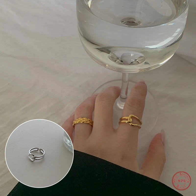 

925 Sterling Silver Simple Style Double Layer Irregular Open Ring For Women Gifts Geometric Line Adjustable Finger Rings Jewelry