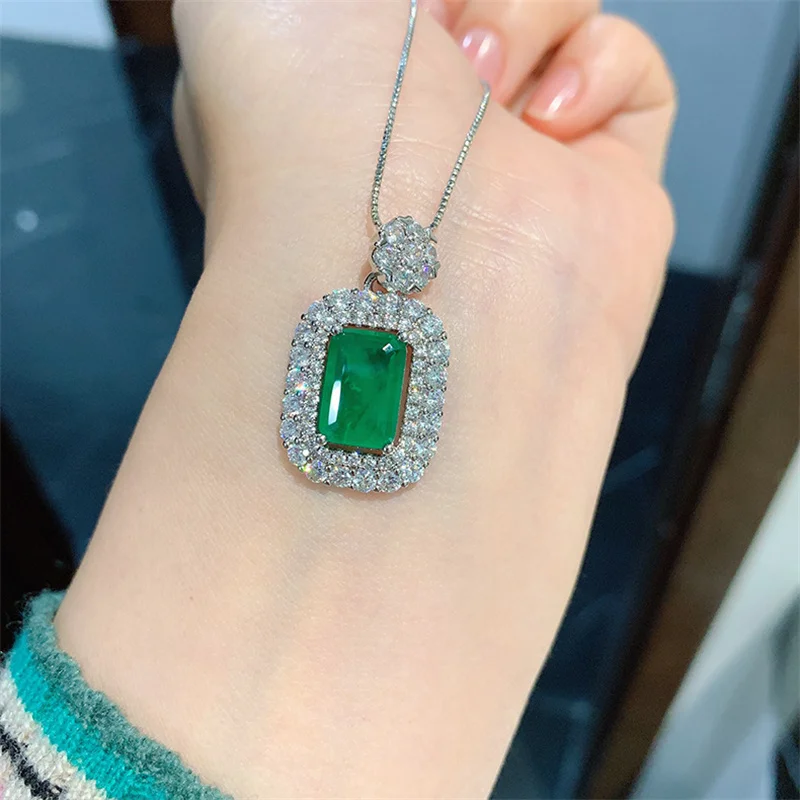 

QTT Gorgeous 925 Sterling Silver Chain Necklace Emerald Tourmaline Gemstone Pendant Necklace Women Wedding Party Fine Jewelry