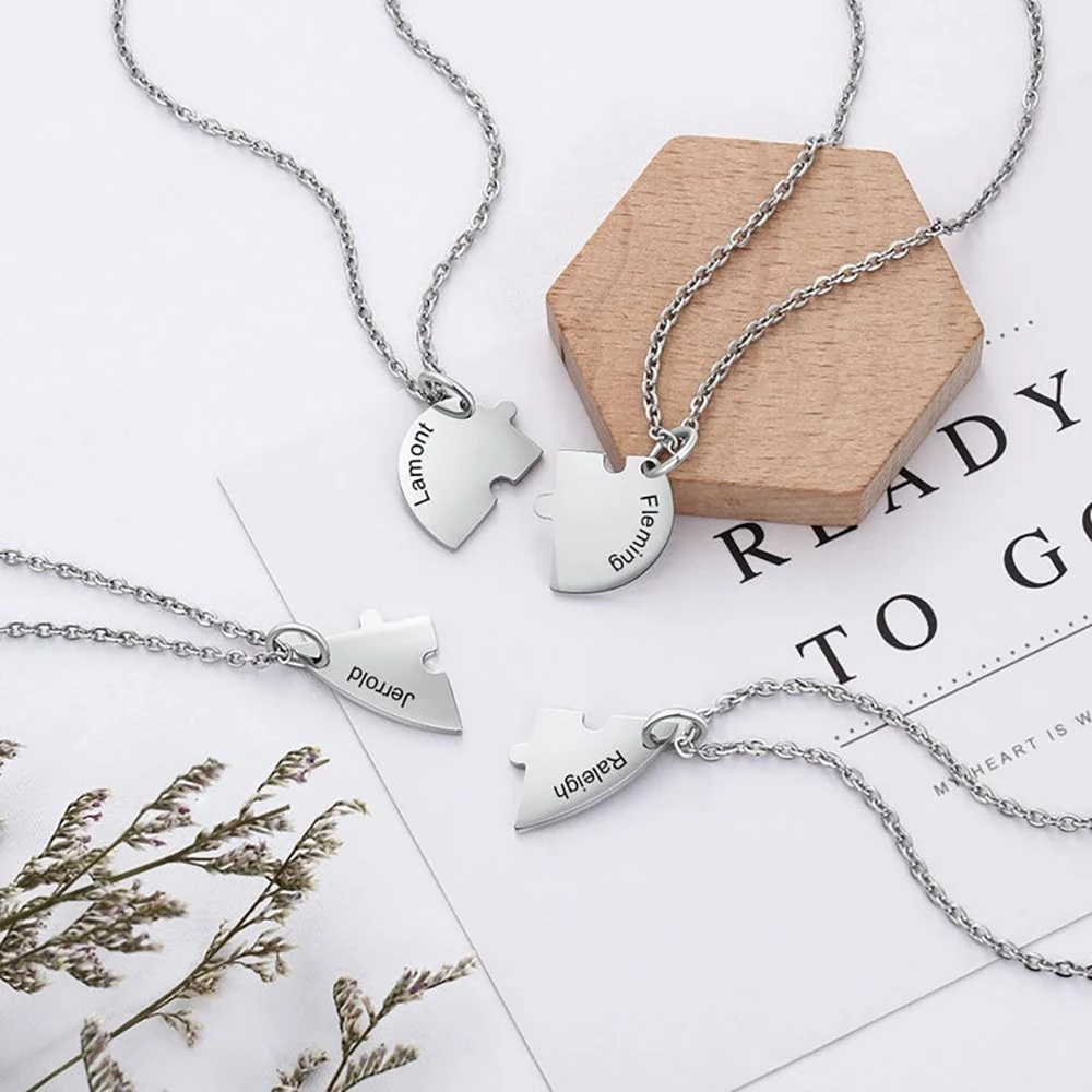 

Mini-World 4pcs Personalized Stainless Steel Heart Shaped Friendship Necklace with Birthstone Custom Engrave Name BFF Necklace