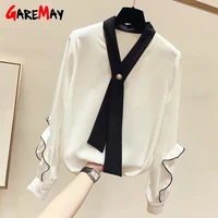 2021 spring autumn new womens blouse female shirt korean fashion v neck laced pullover long sleeve chiffon shirts women top