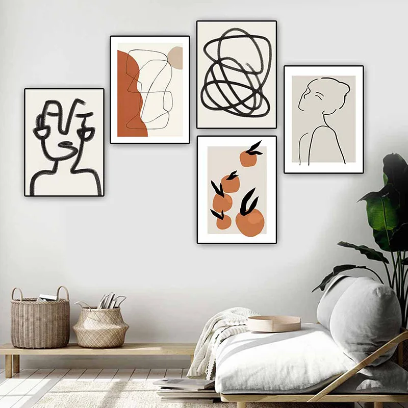 

Nordic Style Minimalist Decorative Painting Line Figures Orange Restaurant Poster Modern Abstract Living Room Home Decor Picture