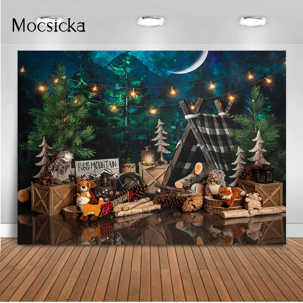 

Сафари джунгли Дети День Рождения фотография фон Кемпинг тема украшение Ночной лес фото будка фон студия фотосессия