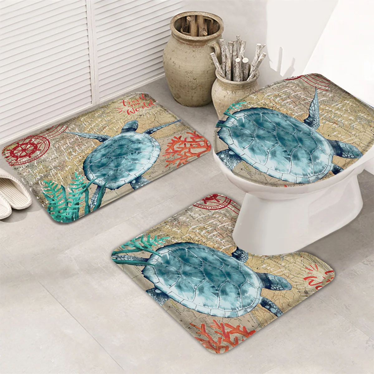 3 Pieces Bathroom Set Nautical Theme Sea Turtle Retro Map Durable Bath Toilet Cover Mat Pedestal Rug Non-Slip | Дом и сад