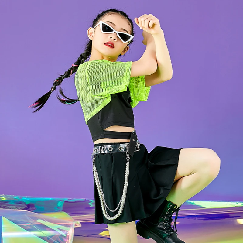 

Jazz Dance Costume Girls Hip Hop Performance Clothing Green Net Tops Black JK Skirt Children Modern Dance Stage Outfit 120-170CM