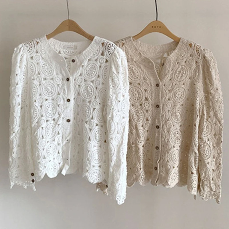 

Sister Fara Chic V-Neck Spring Women's Knit Shirt Single Breasted Hollow Out Puff Sleeve Blouse Female Autumn Straight Shirts