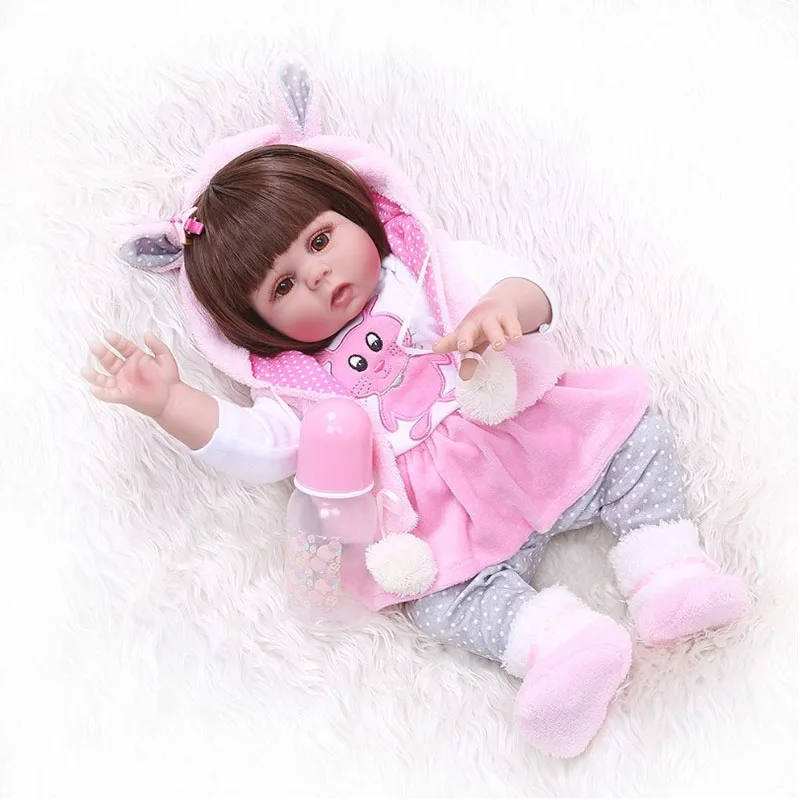 48 см bebe Кукла reborn Девочка в розовом платье кролика полное тело мягкий силиконовый