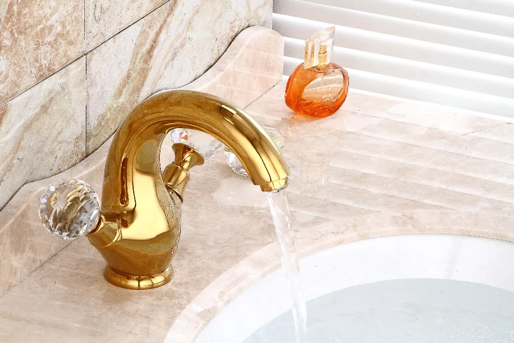 Free ship gold Finish double crystal handles classic style bathroom lavatory washbasin sink faucet mixer tap Single Hole