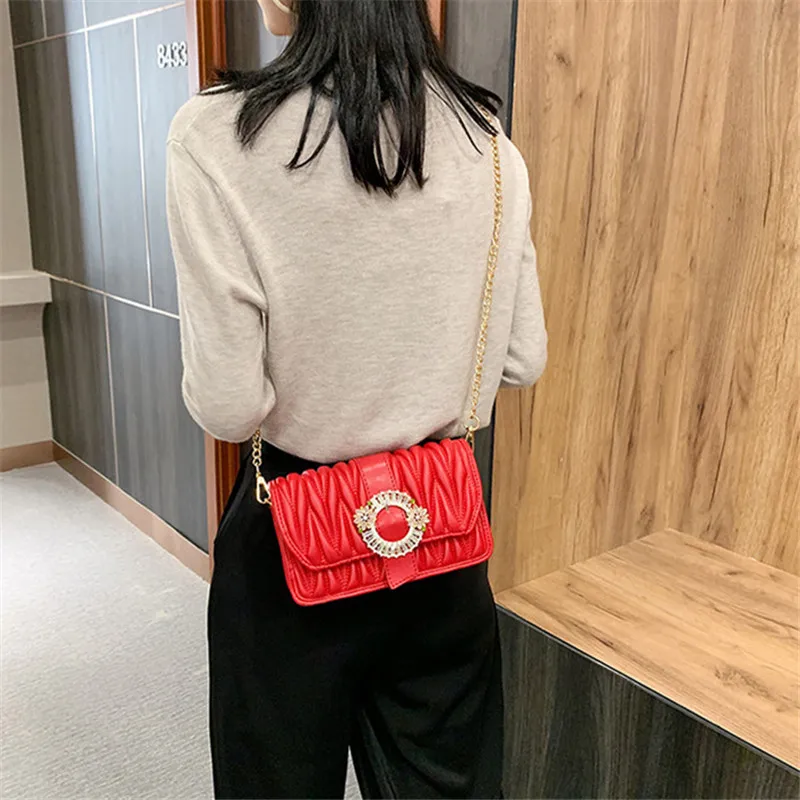

TOYOOSKY Pleated Square Crossbody Bag 2020 New High Quality PU Leather Women's Designer Handbag Diamond Lock Chain Messenger Bag