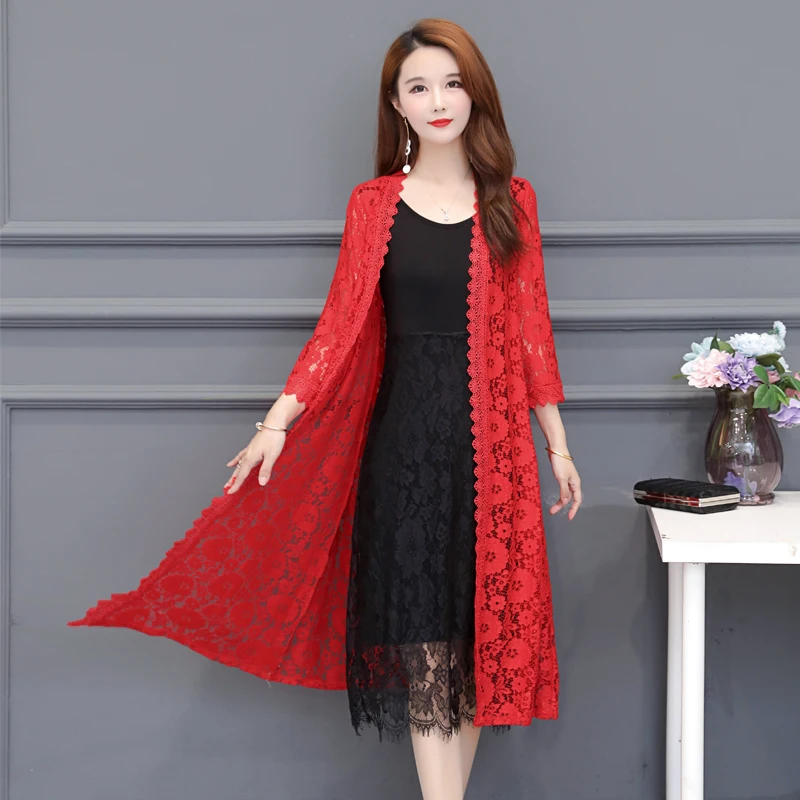 

new Summer Women's Lace Jacket Korean Women's Mid-length Sunscreen Cardigan Thin Hollow Jacket