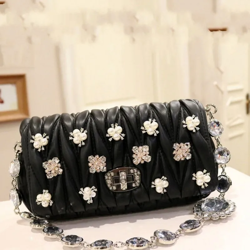 

Women Handbag Luxury Tote Diamonds Pearls Chain Single Shoulder Baguette Bags Design Solid Color Plaid Pu Leather Armpit Bags