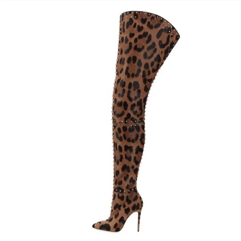 Cheetah Print Rivet Decor Back Zip Sexy Pointed Toe Women Thigh High Boots Winter Fashion Lady's Over Knee High Boots Big Size