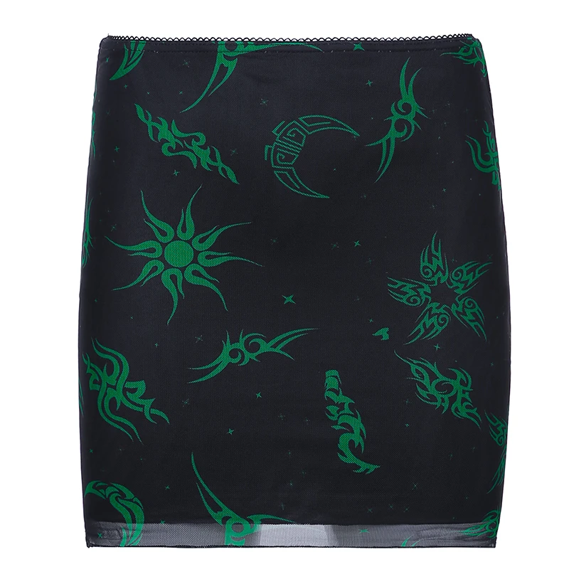 

HEYounGIRL Black Mesh Print Wrap Mini Skirt Harajuku Punk High Waisted Short Skirt Women Double Layer Y2K Summer Bodycon Fashion