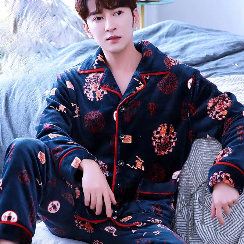 Coral Fleece Men Pajama Set AUtumn Winter Soft Thicken Cartoon Printed Flannel Sleepwear 2pcs/set Tops + Warm Pants Home Clothes