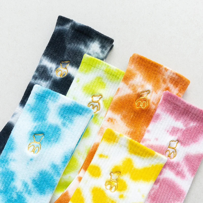 

Cute Cartoon Bear Embroidered Cotton Crew Tube Tie Dye Socks for Girls Women