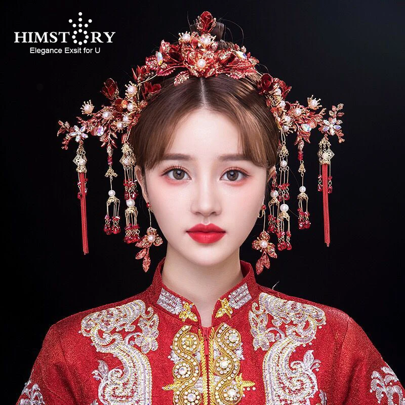 

HIMSTORY Chinese Bride Hairpin Earrings Headwear Red Flower Traditional Bridal Costume Accessories Coronet Wedding Head Jewelry