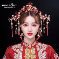himstory chinese bride hairpin earrings headwear red flower traditional bridal costume accessories coronet wedding head jewelry