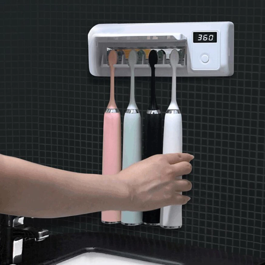 

UV Toothbrush Sanitizer Organizer 4 Slots USB Charging 360s Timing for Ladies Baby Family Bathroom White