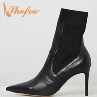 Black Stilettos Ankle Boots Sock Booties High Thin Heels Shoes Knitting Woman Pointed Toe Ladies Large Size 13 16 Mature Shofoo