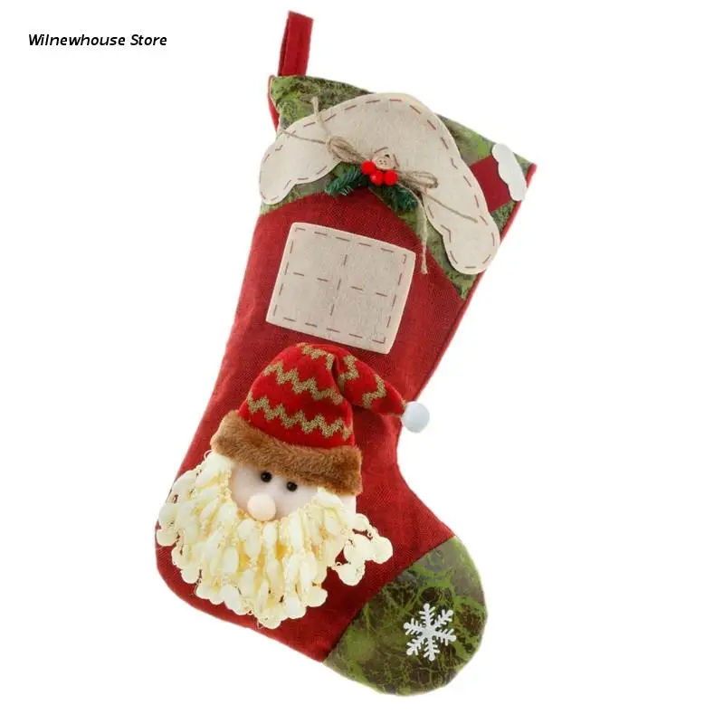 

F62A Large House Christmas Stockings Candy Bag Xmas Elf Santa Snowman Doll Element Stocking for Family Country Rustic Holiday