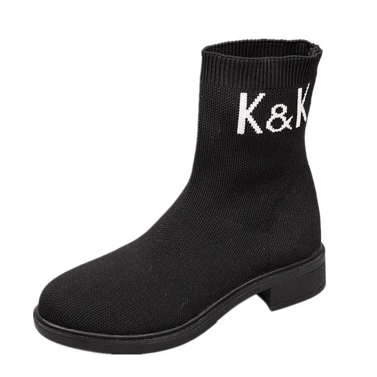 Женские вязаные эластичные осенние ботильоны на среднем квадратном каблуке