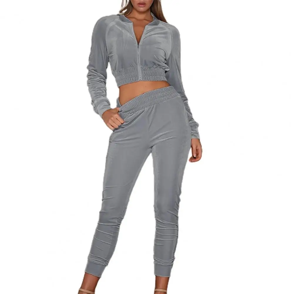 

1 Set Sweatshirt Sweatpants Set Velvet Surface Zipper Women Stylish Sports Long Sleeve Crop Top Elastic Waist Pants Sets