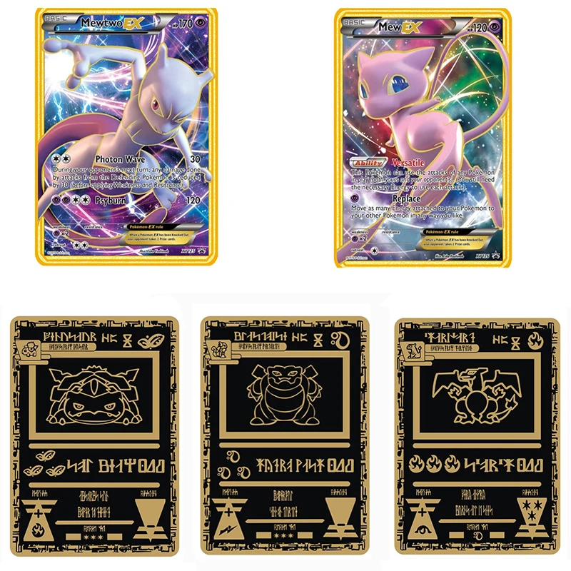 

pokemon cartoon Figure Mew Mewtwo Charizard Venusaur Blastoise DIY 8.8*6.3cm EX Metal English game Collection card Toy gift