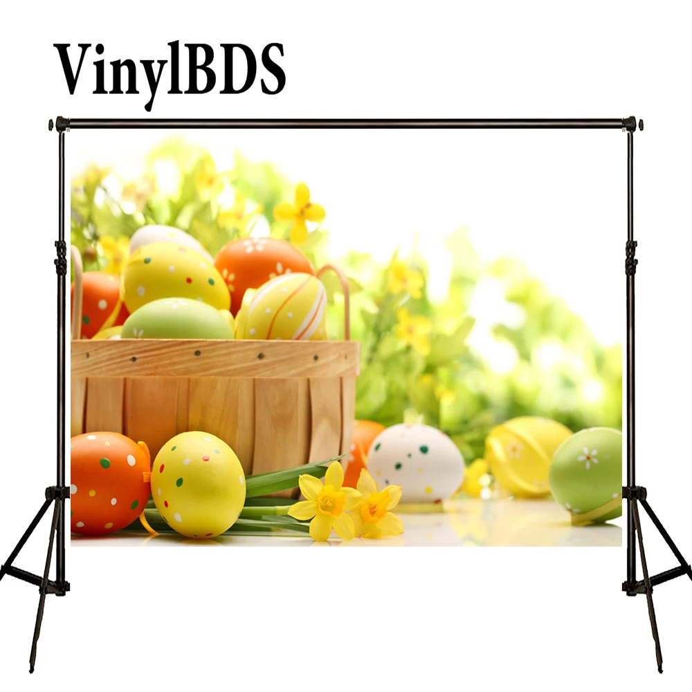 

VinylBDS Easter Sunday Basket Of Eggs Tulip Backgrounds For Photo Studio Easter Photography Backdrops Zj