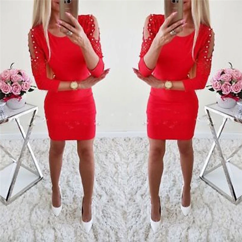 

Women Dresses Off Shoulder Bodycon Pencil Mini Dress Ladies Party Dresses Club Wear Cold Shoulder Lace Pearl Dresses