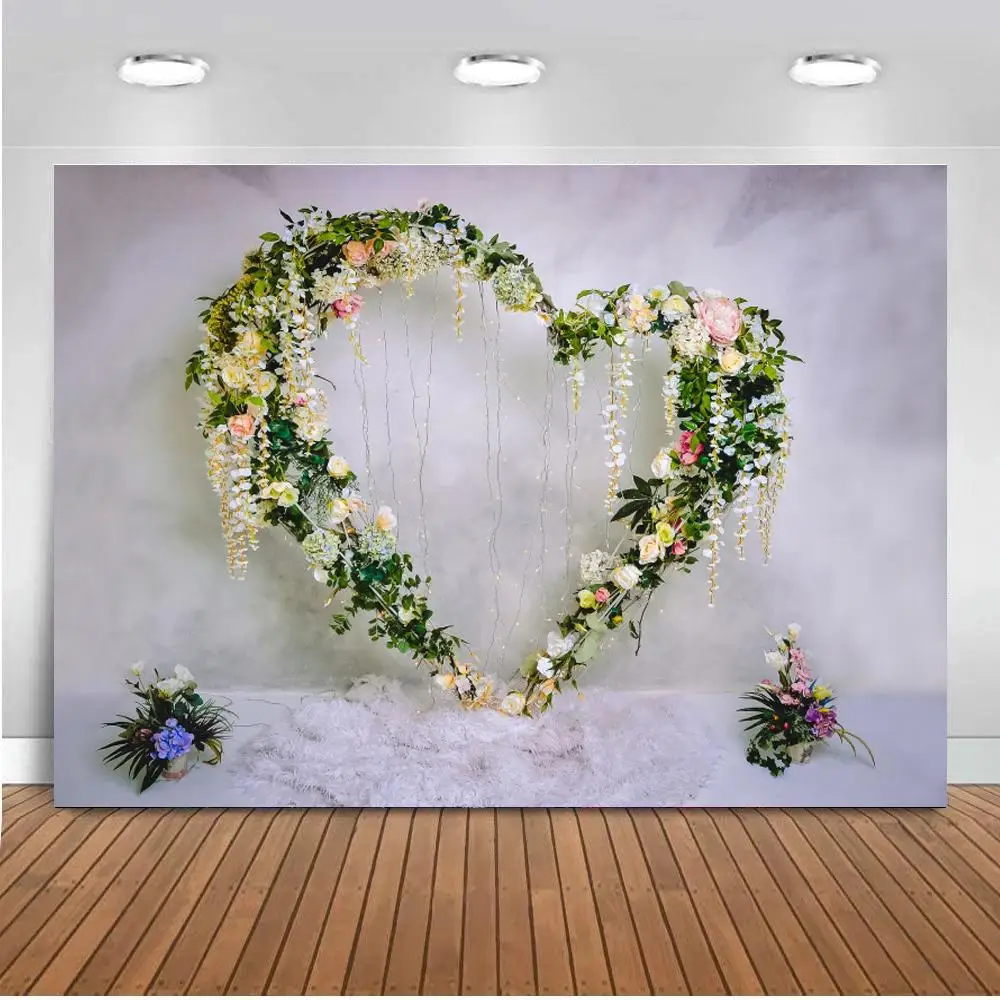 

Love Heart Floral Wreath Valentine's Day Party Decor Photography Backgrounds Marble Wall Photographic Backdrops For Photo Studio