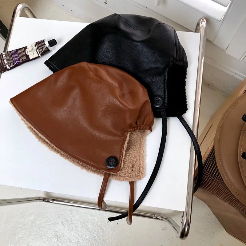 Spring Autumn Bucket Hat Faux Leather Bucket Hats PU Bucket Cap Fisherman Caps