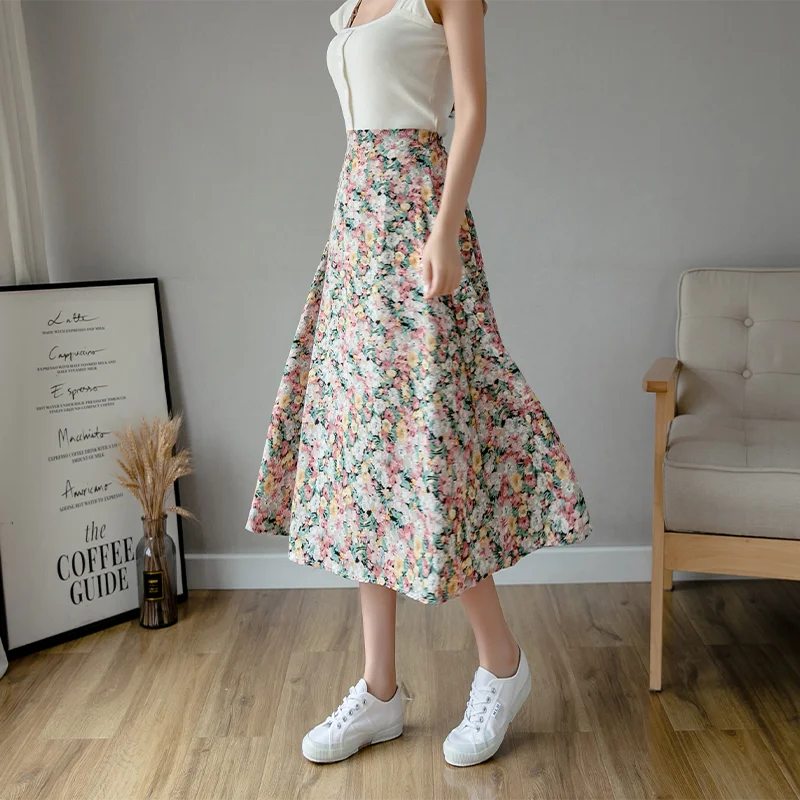 

2021 Summer Chiffon Midi Skirt Fashion Korean Style High Waist Elastic Flower Print Faldas De Mujer Casual Long Skirts for Women