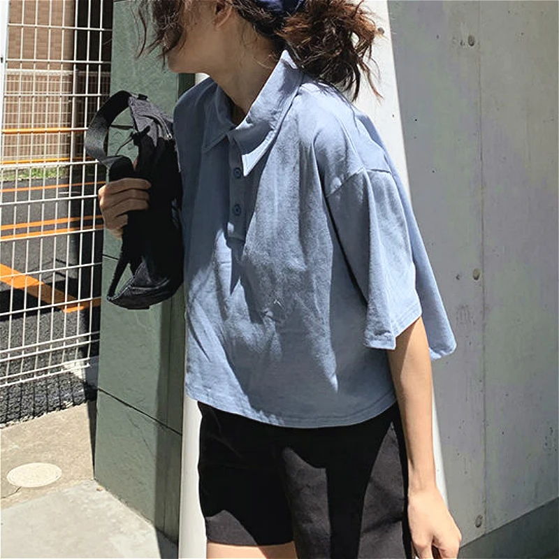 T-shirts Women Japanese Style Solid Cotton Summer All-match Preppy Girls Black Crop Top Chic Button Kawaii Street Ladies T Shirt | Женская