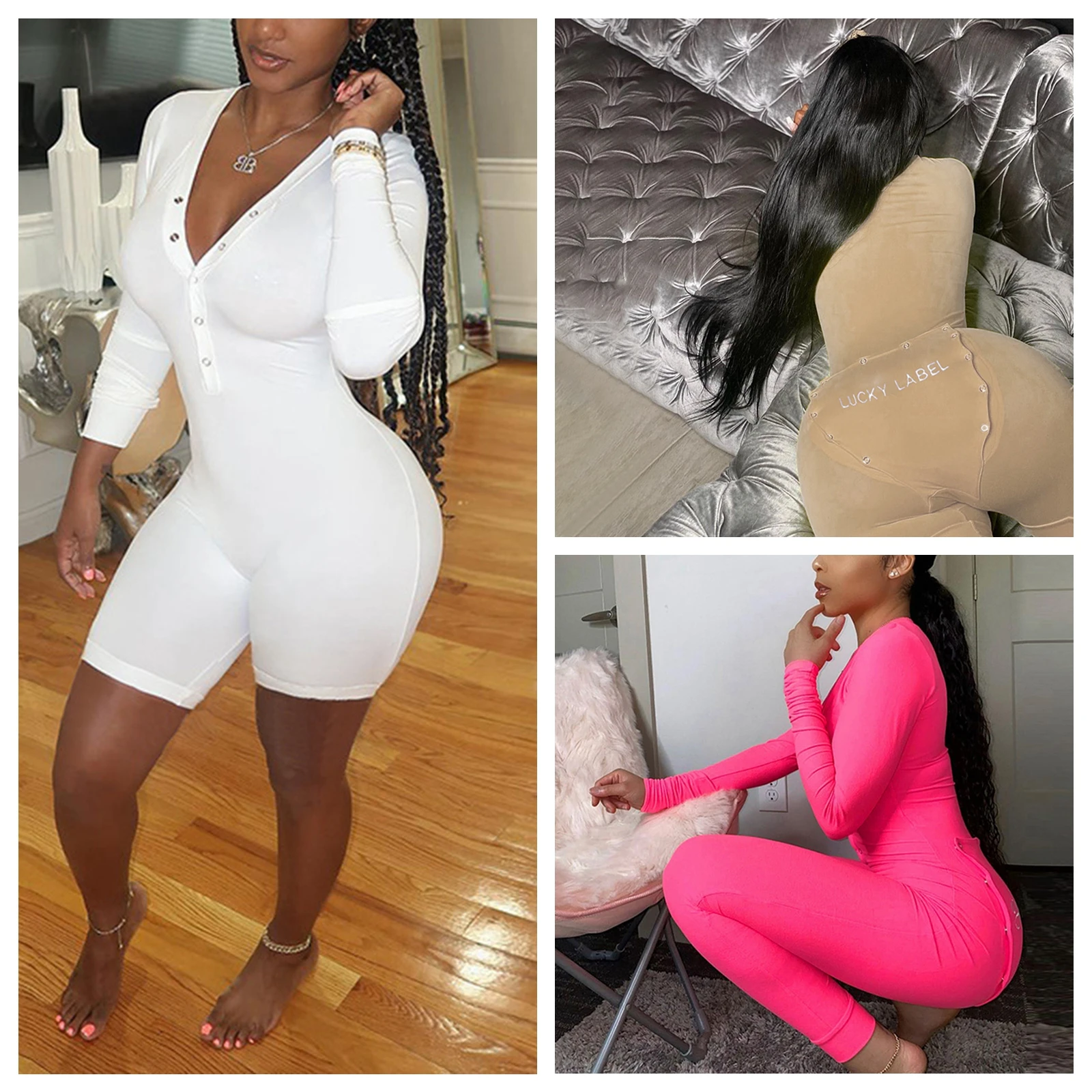 

Women's V-neck High Waist Jumpsuit/Playsuit, Casual Solid Color Romper, Long Sleeve Long/Short Pants Button Clothing