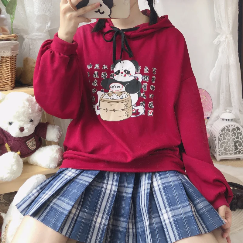

Early Autumn Japanese Sweet Cute Girl Hoodies Pullover Chinese Character Bear Print Hooded Women White All-match Hoody Student