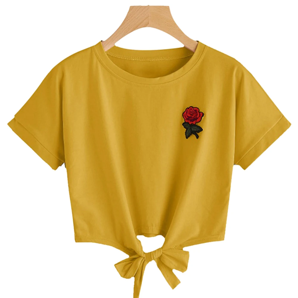 Женская футболка с вышивкой роз модная летняя круглым вырезом и коротким рукавом