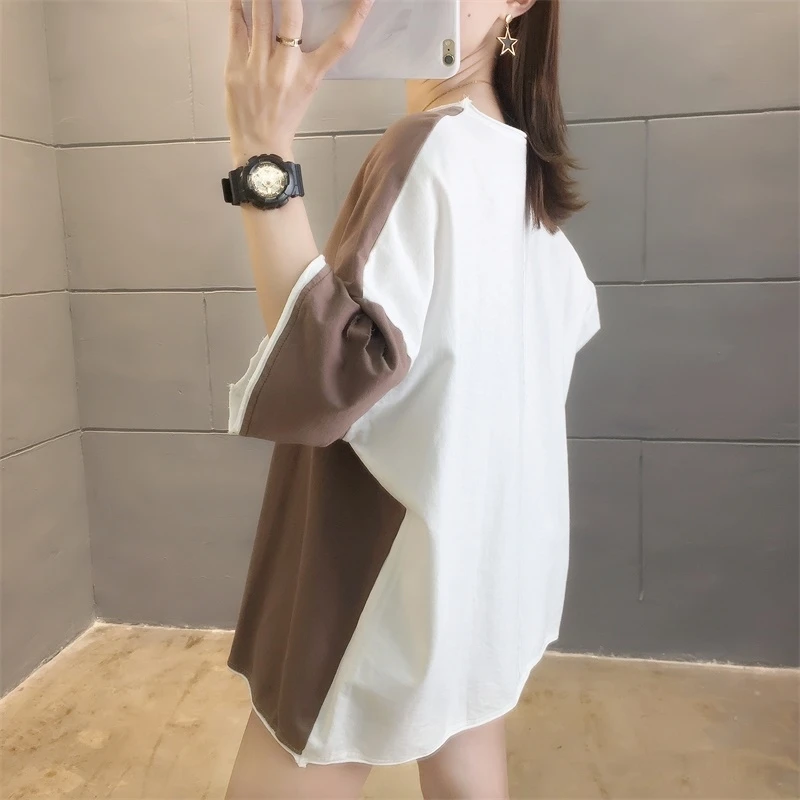 

Pure Cotton 2021 Summer New Korean Style Large Size Embroidered Patchwork Short-Sleeved T-shirt Women's Color Matching Half