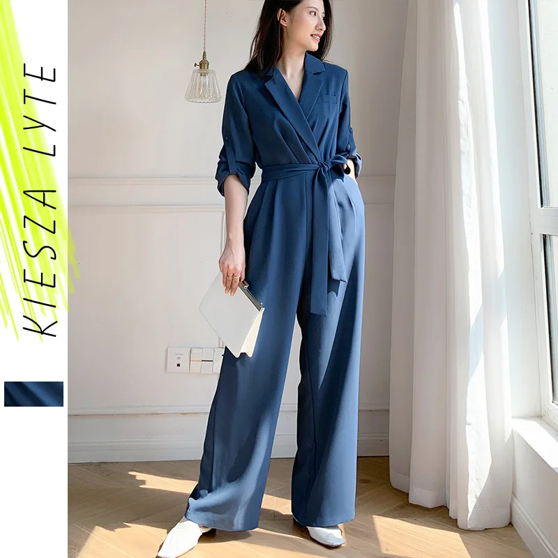 

Women Wide Leg Jumpsuit Long Playsuits Lace Up Blue Rompers Female Casual Office Lady Work Wear Elegant Fashion Clothes