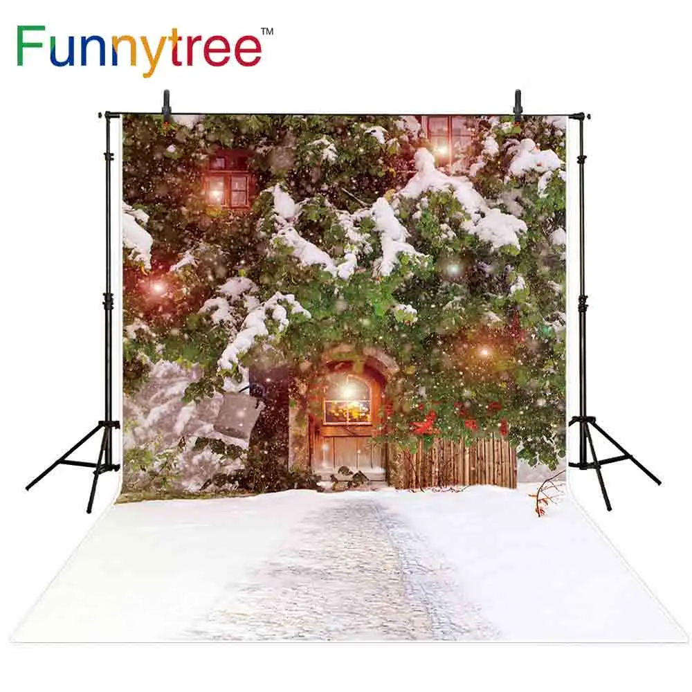 Фотофон Funnytree на зиму Рождество Новый Год дерево снег деревянный дом Фотофон|Фон