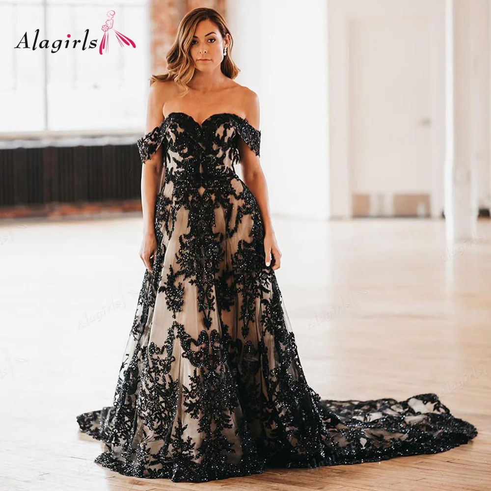 

Alagirls Black Wedding Dress Tulle Bridal Dress Black Bridal Dress Sexy Lace Appliques Wedding Gowns A Line vestidos de novia