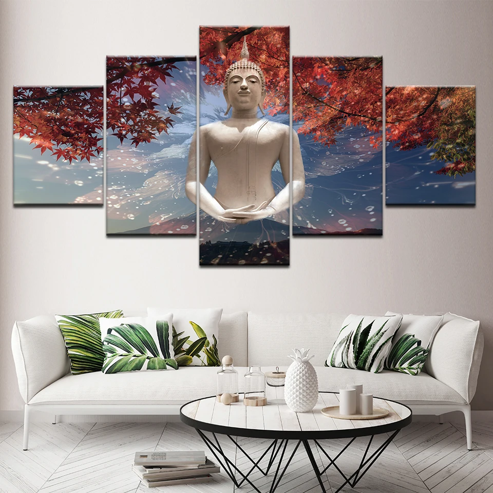 Painting Wall Art Pictures Canvas Modular Poster Frame 5 Panel Buddha Statue Maple Leaf Flower Landscape Home Decor HD Print | Дом и сад