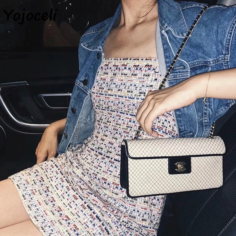 Yojoceli 2019 осенне зимнее яркое твидовое Платье женское облегающее клетчатое мини