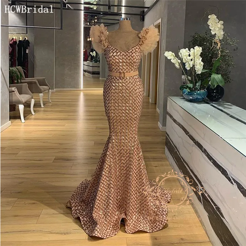 

New Design Golden Mermaid Evening Dress Long Glitter Floor Length Special Occasion Dresses For Women Customize Robe De Soiree