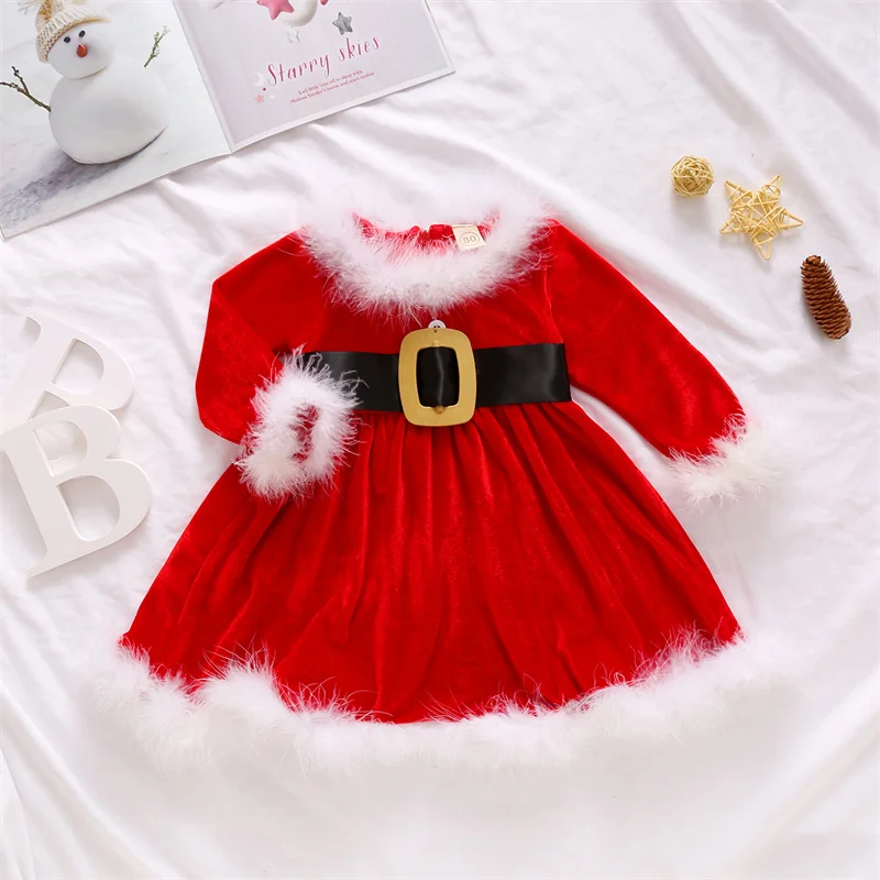 

Kids Baby Christmas Outfits Fleece Red O-Neck Long-Sleeves Waist Band Dresses Back Zipper Toddler Girls 6 Months to 4 Years