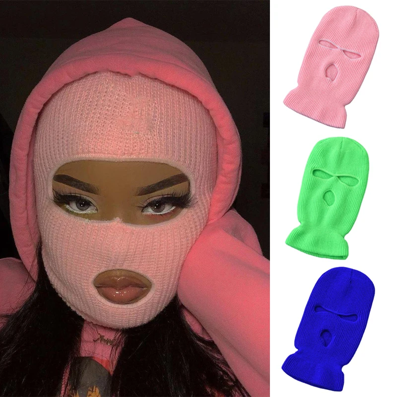 

Winter Ski Riding Mask Unisex Knit Hat Solid Warm Mask Army Tactical CS Three-hole Balaclava Beanie Prom Party Mask