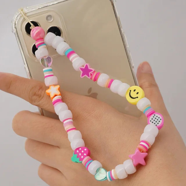 

Cute Acrylic White Pearl Smiley Face Mobile Phone Lanyard Mixed Color Soft Ceramic Star Fruit Anti-Lost Chain For Women Jewelry